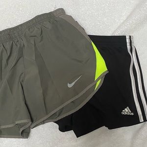 Nike green running shorts and adidas black striped shorts bundle